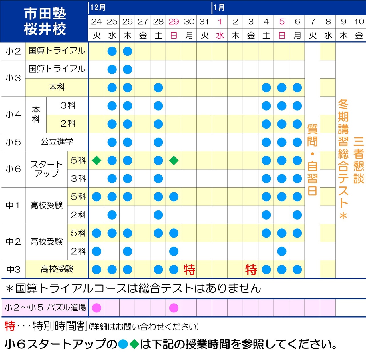 市田塾桜井校の冬期講習の日程